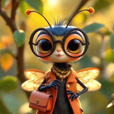 The primary subject of the image is a cartoon-like insect, possibly a bee or a butterfly, wearing glasses and a coat. The insect is standing in front of a tree, which serves as the setting or background of the image. The visual style of the image is digital art, as it is a well-crafted and detailed illustration. The colors and mood of the image are vibrant and cheerful, with the insect's bright coat and the tree's lush greenery creating a